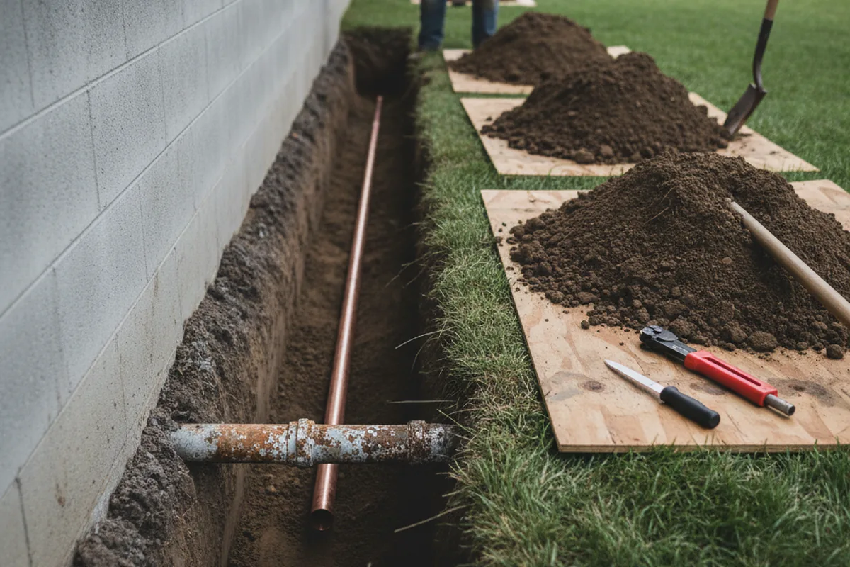 Excavated water line trench during Sewer Line Repair in High Ridge